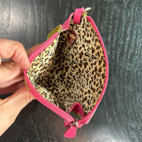 ILI Leather- mini keychain wallet pouch- green hot pink- lady silhouette- zips - Picture 3 of 6
